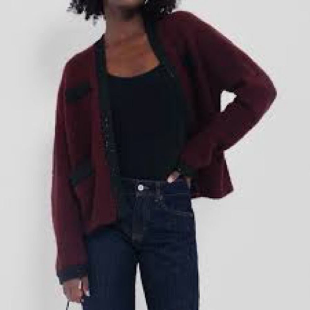 Tuckernuck Oxblood Boucle Fallon Open Cardigan with Sequin Black Trim